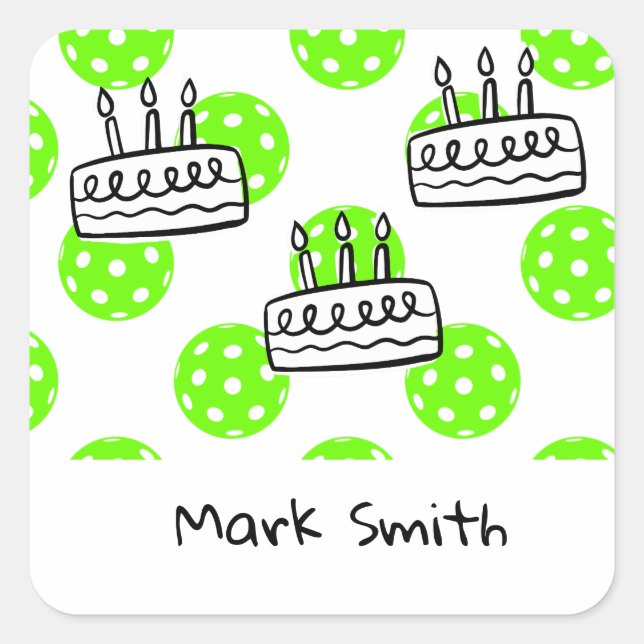 Sticker Carré Pickleball avec gâteau thème Anniversaire (Devant)