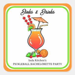 Sticker Carré Pickleball Bachelorette Mariage Dinks & Boissons