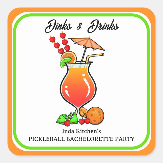 Sticker Carré Pickleball Bachelorette Mariage Dinks & Boissons (Devant)