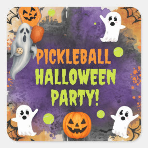 Sticker Carré Pickleball Halloween Party avec paddle et balle