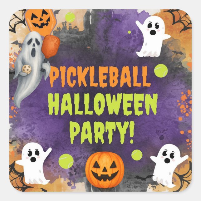 Sticker Carré Pickleball Halloween Party avec paddle et balle (Devant)