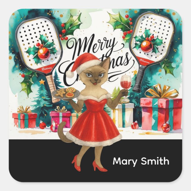 Sticker Carré Pickleball Noël thème pour amateurs de chats (Devant)