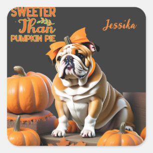 Sticker Carré Pie Citrouille Bulldog customisée Sweet Halloween