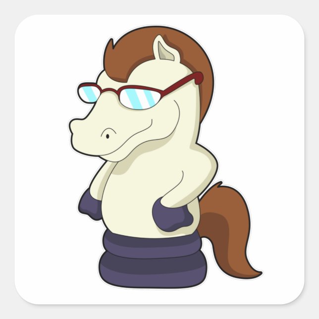 Sticker Carré Pièce d'échecs Chevalier avec lunettes de soleil (Devant)