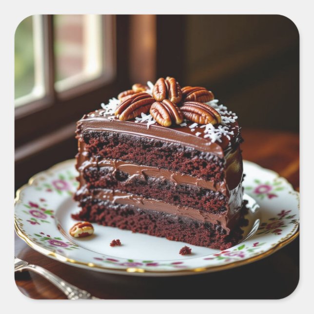 Sticker Carré Piece of German Chocolate Cake on a Fancy Plate (Devant)