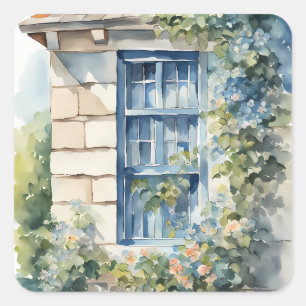 Sticker Carré Pierre Bleu Fenêtre Mur Cottage Vignes