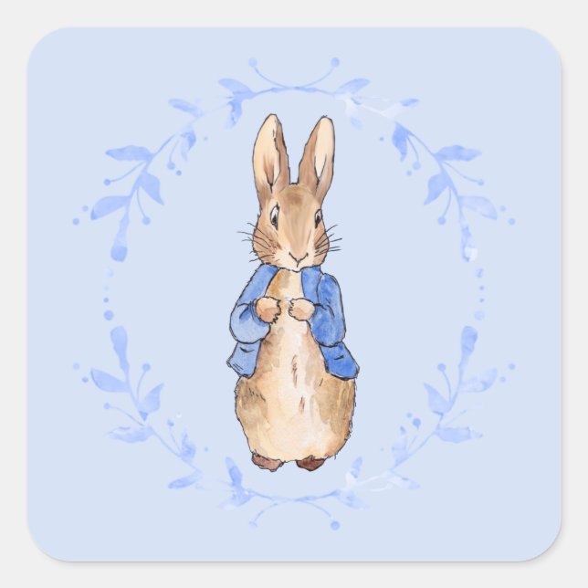 Sticker Carré Pierre le lapin avec la feuille bleue (Devant)