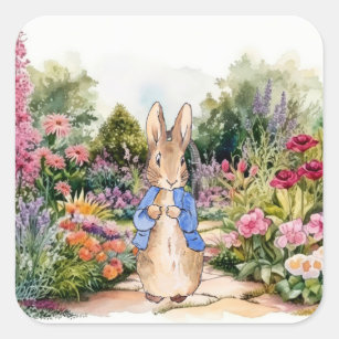 Sticker Carré Pierre le lapin dans son jardin