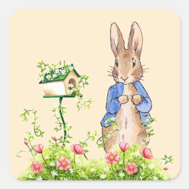 Sticker Carré Pierre le lapin dans son jardin (Devant)