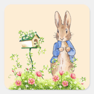 Sticker Carré Pierre le lapin dans son jardin