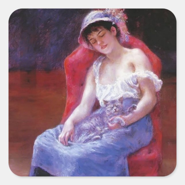 Sticker Carré Pierre Renoir - Dormir (Fille avec chat) (Devant)
