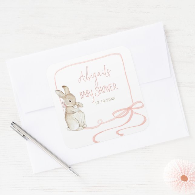 Sticker Carré Pierre rose le lapin Beatrix Baby shower fille (Enveloppe)