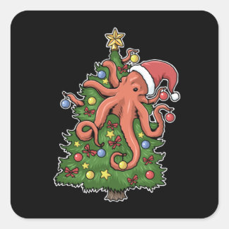 Sticker Carré Pieuvre de Noël Kraken calmar Cadeau Arbre de Noël
