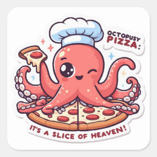 Sticker Carré Pieuvre mignonne avec Pizza Octopusy