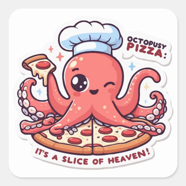 Sticker Carré Pieuvre mignonne avec Pizza Octopusy (Devant)