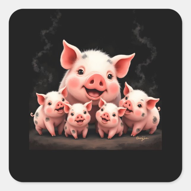 Sticker Carré Pig Artwork – Mother Pig & Piglets (Devant)