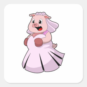 Sticker Carré Pig as Bride with Wedding dress.PNG