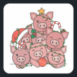 Sticker Carré Pig Christmas Tree Funny Animal Christmas<br><div class="desc">Les pigs look like a Christmas tree. Veuh fairy lights and Santa's hats they are perfect pour Christmas. Every pig lover is happy about cute animals for the winter holidays.</div>