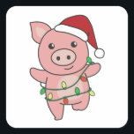 Sticker Carré Pig Christmas Winter Animals<br><div class="desc">The pig at Christmas with fairy lights. Funny animals with toxits and snow for the holidays. A sweet Christmas greeting. Pigs are cute animals et perfect pour Christmas.</div>