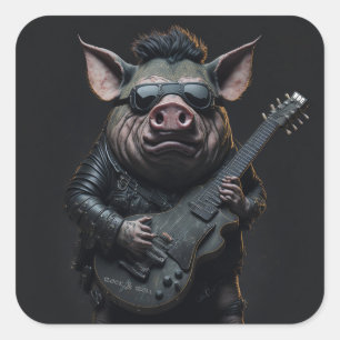 Sticker Carré Pig Metal Guitare I Ham Rock & Roll Musicien Cool