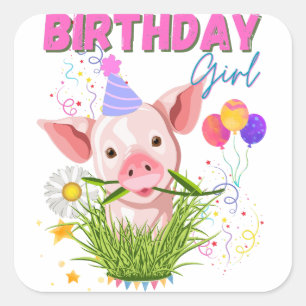 Sticker Carré Pig Piggy Anniversaire Rose Fille Animaux Amateurs