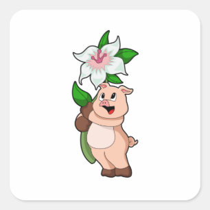 Sticker Carré Pig with Flower Lily