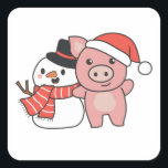 Sticker Carré Pig With Snowman In Winter For Christmas<br><div class="desc">Pig with a snowman en hiver pour Christmas - a snowman for winter and Christmas. A winter greeting in the cold season for the holidays. Christmas pique with snowman.</div>