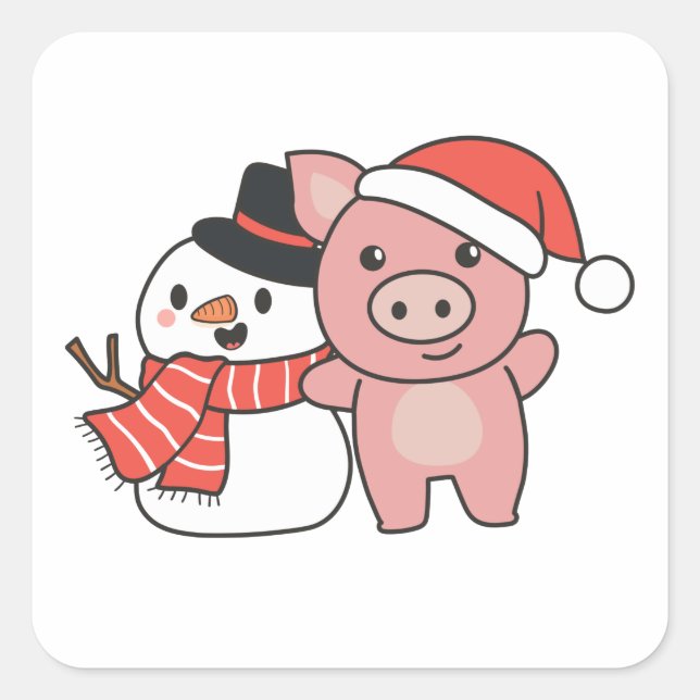 Sticker Carré Pig With Snowman In Winter For Christmas (Devant)