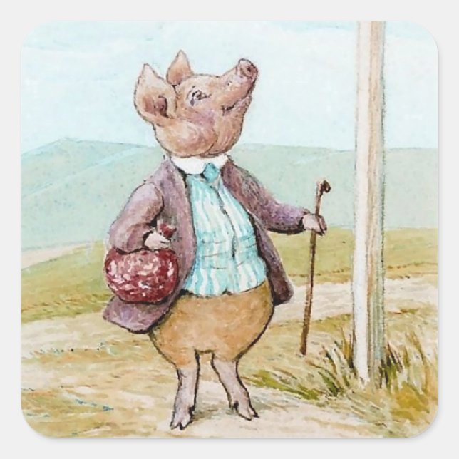 Sticker Carré Pigling Bland sur le marché par Beatrix Potter (Devant)