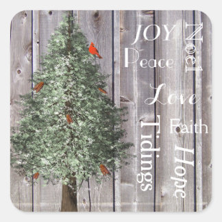Sticker Carré Pin Tree Avec Cardinal Rustique Noël