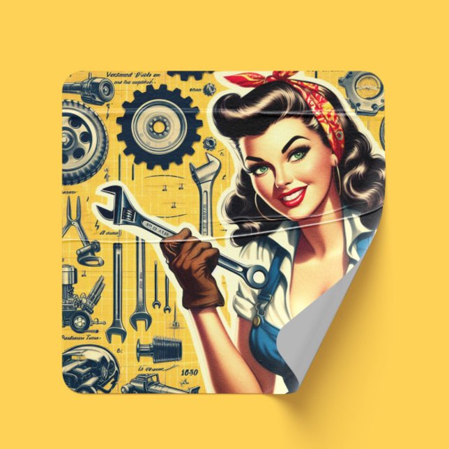 Sticker Carré Pin-up Mécanicien Vintage (Créateur téléchargé)