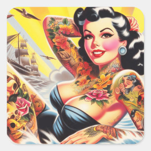 Sticker Carré Pinceau de tatouage vintage Beach