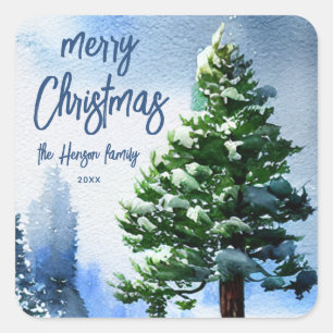 Sticker Carré Pine Arbre avec Aquarelle de neige Peinture Noël