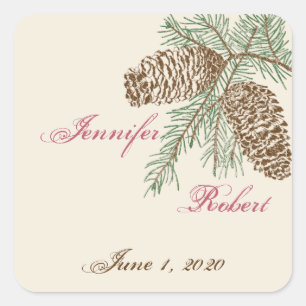 Sticker Carré Pine Cône Nature sur Crème Mariage Enveloppe Sceau