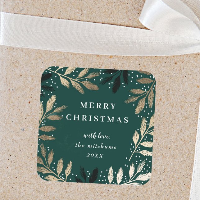 Sticker Carré Pine d'or Branche de Joyeux Noël vert (Elegant green and gold christmas gift tag.)