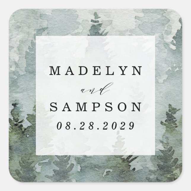 Sticker Carré Pine Tree Forest Rustique Aquarelle Mariage Faveur (Devant)
