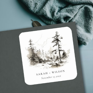 Sticker Carré Pine Woods Mountain Paysage Mariage de croquis