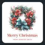 Sticker Carré Pine Wreath avec Holly Christmas<br><div class="desc">Stickers avec une jolie couronne de Noël. Une image festive avec une couronne de pin décorée de fleurs rouges,  sainte et un joli arc bleu. Délicieux.</div>