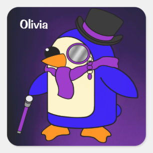 Sticker Carré Pingouin caricature mignon violet et violet profon