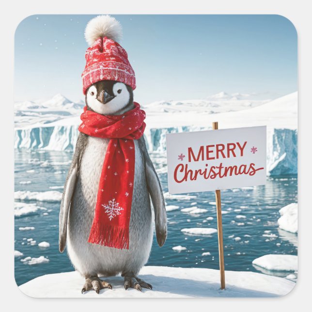 Sticker Carré Pingouin De Noël Sur Un Iceberg (Devant)