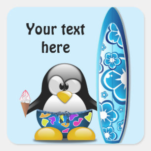 Sticker Carré Pingouin de surfer avec la crème glacée