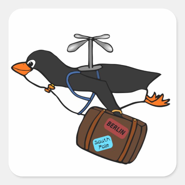Sticker Carré Pingouin d'hélicoptère volant avec valise (Devant)