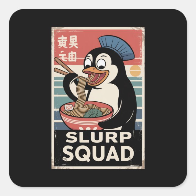 Sticker Carré Pingouin Manger Ramen Funny Slurp Squad (Devant)