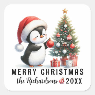 Sticker Carré Pingouin mignon à Santa Hat Custom Joyeux Noël