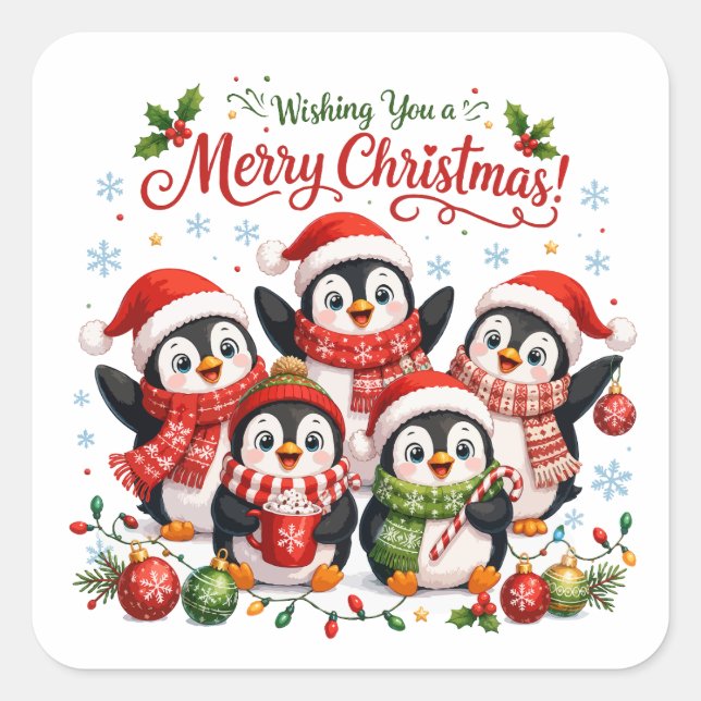Sticker Carré Pingouins de Noël Kawaii (Devant)