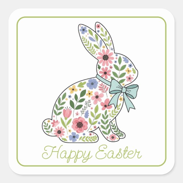 Sticker Carré Pink and Blue Wildflower Easter Rabbit (Devant)