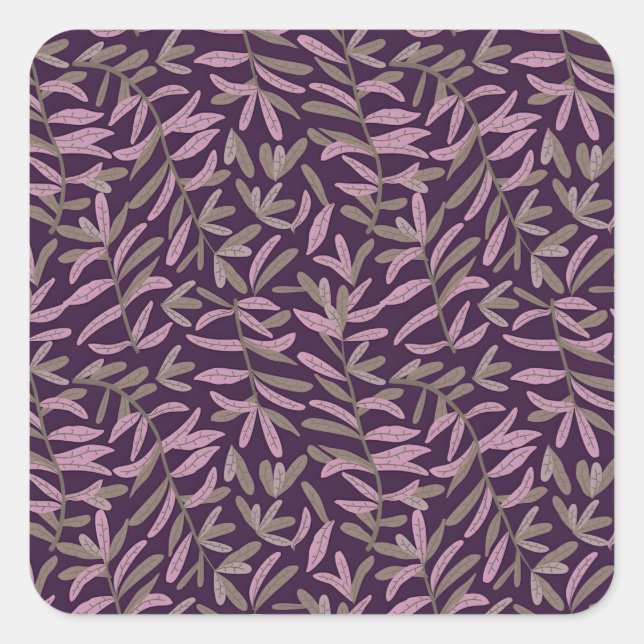 Sticker Carré  Pink and Green Leaf Pattern on Dark Purple Back (Devant)