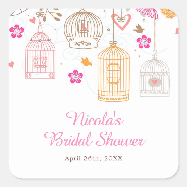 Sticker Carré Pink and Orange Floral Bird Cages Bridal Shower (Devant)