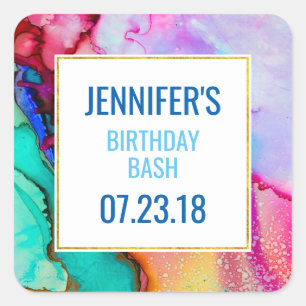 Sticker Carré Pink and Turquoise Marble Abstract Watercolor