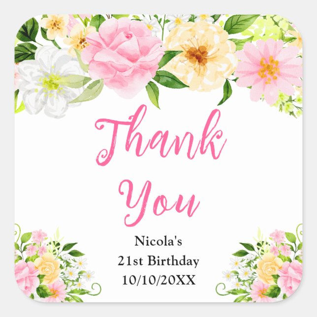 Sticker Carré Pink and Yellow Flowers Birthday Thank You (Devant)